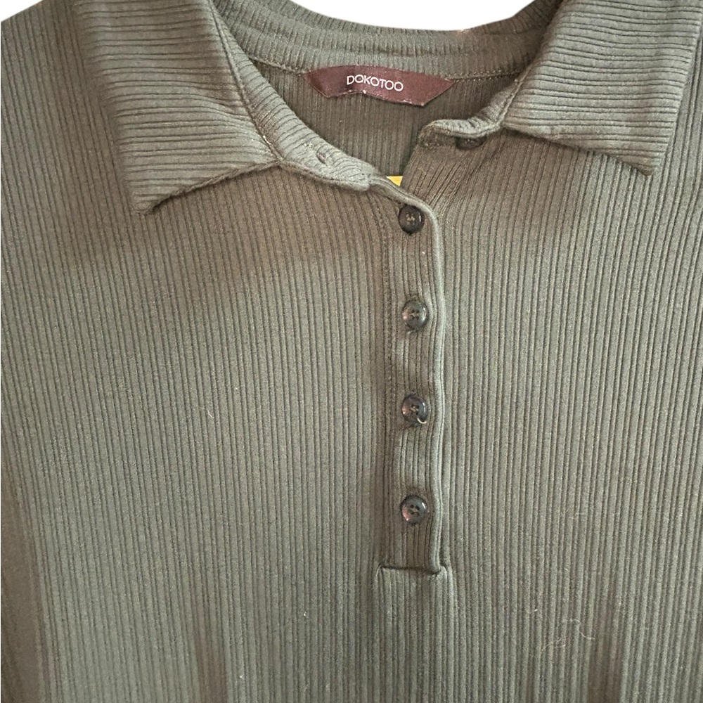 Olive Ribbed Polo Button-Front Tee - Picture 3 of 4
